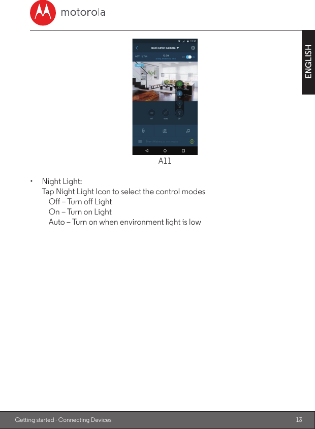 13ENGLISHGetting started - Connecting DevicesA11•  Night Light: Tap Night Light Icon to select the control modes     Off – Turn off Light     On – Turn on Light     Auto – Turn on when environment light is low