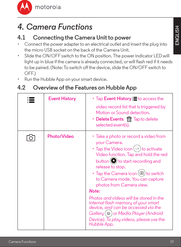 19ENGLISHCamera Functions4. Camera Functions4.1  Connecting the Camera Unit to power•  Connect the power adapter to an electrical outlet and insert the plug into the micro USB socket on the back of the Camera Unit.•  Slide the ON/OFF switch to the ON position. The power indicator LED will light up in blue if the camera is already connected, or will flash red if it needs to be paired. (Note: To switch off the device, slide the ON/OFF switch to OFF.)•  Run the Hubble App on your smart device.4.2  Overview of the Features on Hubble App Event History • Tap Event History   to access the video record list that is triggered by Motion or Sound detection.•  Delete Events  Tap to delete selected event(s).Photo/Video •  Take a photo or record a video from your Camera.•  Tap the Video icon   to activate Video function. Tap and hold the red button   to start recording and release to stop.•  Tap the Camera icon   to switch to Camera mode. You can capture photos from Camera view.Note:                                                                             Photos and videos will be stored in the internal flash memory of your smart device, and can be accessed via the Gallery   or Media Player (Android Device). To play videos, please use the Hubble App.