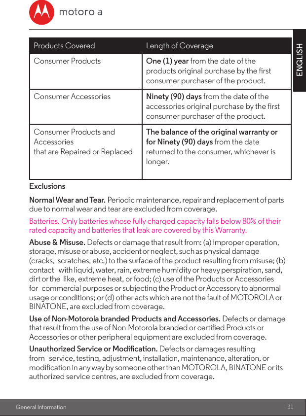 31ENGLISH General InformationProducts Covered Length of CoverageConsumer Products One (1) year from the date of theproducts original purchase by the first consumer purchaser of the product.Consumer Accessories Ninety (90) days from the date of theaccessories original purchase by the first consumer purchaser of the product.Consumer Products and Accessoriesthat are Repaired or ReplacedThe balance of the original warranty orfor Ninety (90) days from the date returned to the consumer, whichever is longer.ExclusionsNormal Wear and Tear. Periodic maintenance, repair and replacement of parts due to normal wear and tear are excluded from coverage.Batteries. Only batteries whose fully charged capacity falls below 80% of their rated capacity and batteries that leak are covered by this Warranty.Abuse &amp; Misuse. Defects or damage that result from: (a) improper operation, storage, misuse or abuse, accident or neglect, such as physical damage (cracks, scratches, etc.) to the surface of the product resulting from misuse; (b) contact with liquid, water, rain, extreme humidity or heavy perspiration, sand, dirt or the like, extreme heat, or food; (c) use of the Products or Accessories for commercial purposes or subjecting the Product or Accessory to abnormal usage or conditions; or (d) other acts which are not the fault of MOTOROLA or BINATONE, are excluded from coverage.Use of Non-Motorola branded Products and Accessories. Defects or damage that result from the use of Non-Motorola branded or certied Products or Accessories or other peripheral equipment are excluded from coverage.UnauthorizedServiceorModication.Defects or damages resulting from service, testing, adjustment, installation, maintenance, alteration, or modication in any way by someone other than MOTOROLA, BINATONE or its authorized service centres, are excluded from coverage.