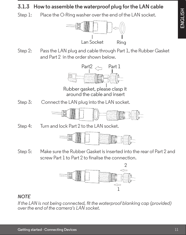 11ENGLISHGetting started - Connecting Devices3.1.3  How to assemble the waterproof plug for the LAN cableStep 1:   Place the O-Ring washer over the end of the LAN socket.Lan SocketRingStep 2:   Pass the LAN plug and cable through Part 1, the Rubber Gasket        and Part 2  in the order shown below.Part 1Rubber gasket, please clasp it around the cable and insertPart2Step 3:   Connect the LAN plug into the LAN socket.Step 4:     Turn and lock Part 2 to the LAN socket.Step 5:   Make sure the Rubber Gasket is inserted into the rear of Part 2 and      screw Part 1 to Part 2 to finalise the connection.12NOTEIf the LAN is not being connected, t the waterproof blanking cap (provided) over the end of the camera&apos;s LAN socket.