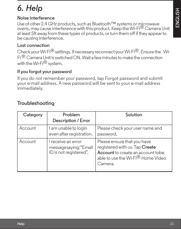 23ENGLISHHelp6. HelpNoise interferenceUse of other 2.4 GHz products, such as Bluetooth™ systems or microwave ovens, may cause interference with this product. Keep the Wi-Fi® Camera Unit at least 5ft away from these types of products, or turn them o if they appear to be causing interference.Lost connectionCheck your Wi-Fi® settings. If necessary reconnect your Wi-Fi®. Ensure the Wi-Fi ® Camera Unit is switched ON. Wait a few minutes to make the connection with the Wi-Fi® system.If you forgot your passwordIf you do not remember your password, tap Forgot password and submit your e-mail address. A new password will be sent to your e-mail address immediately.TroubleshootingCategory ProblemDescription / ErrorSolutionAccount I am unable to logineven after registration.Please check your user name andpassword.Account I receive an errormessage saying: “Email ID is not registered”.Please ensure that you haveregistered with us. Tap Create Account to create an account tobe able to use the Wi-Fi® Home Video Camera.