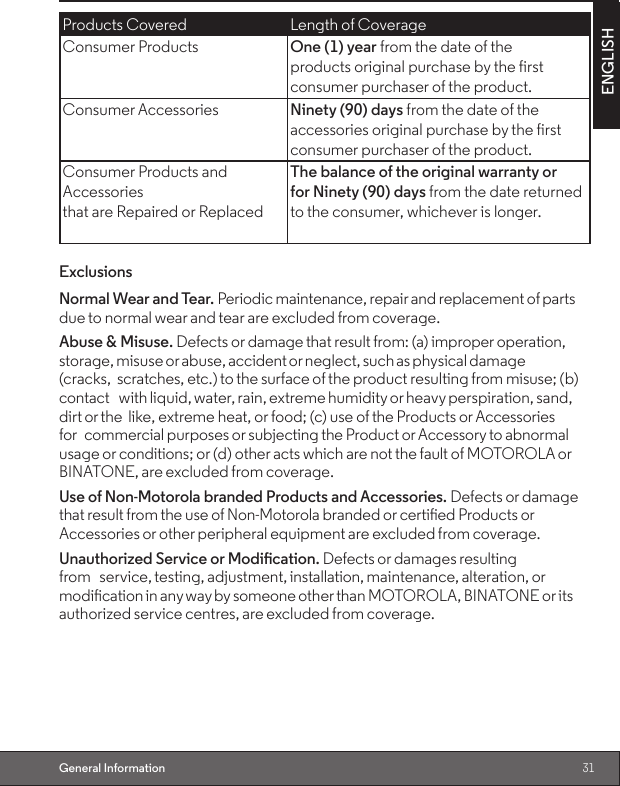 31ENGLISHGeneral InformationProducts Covered Length of CoverageConsumer Products One (1) year from the date of theproducts original purchase by the first consumer purchaser of the product.Consumer Accessories Ninety (90) days from the date of theaccessories original purchase by the first consumer purchaser of the product.Consumer Products and Accessoriesthat are Repaired or ReplacedThe balance of the original warranty orfor Ninety (90) days from the date returned to the consumer, whichever is longer.ExclusionsNormal Wear and Tear. Periodic maintenance, repair and replacement of parts due to normal wear and tear are excluded from coverage.                        Abuse &amp; Misuse. Defects or damage that result from: (a) improper operation, storage, misuse or abuse, accident or neglect, such as physical damage (cracks, scratches, etc.) to the surface of the product resulting from misuse; (b) contact with liquid, water, rain, extreme humidity or heavy perspiration, sand, dirt or the like, extreme heat, or food; (c) use of the Products or Accessories for commercial purposes or subjecting the Product or Accessory to abnormal usage or conditions; or (d) other acts which are not the fault of MOTOROLA or BINATONE, are excluded from coverage.Use of Non-Motorola branded Products and Accessories. Defects or damage that result from the use of Non-Motorola branded or certied Products or Accessories or other peripheral equipment are excluded from coverage.UnauthorizedServiceorModication.Defects or damages resulting from service, testing, adjustment, installation, maintenance, alteration, or modication in any way by someone other than MOTOROLA, BINATONE or its authorized service centres, are excluded from coverage.