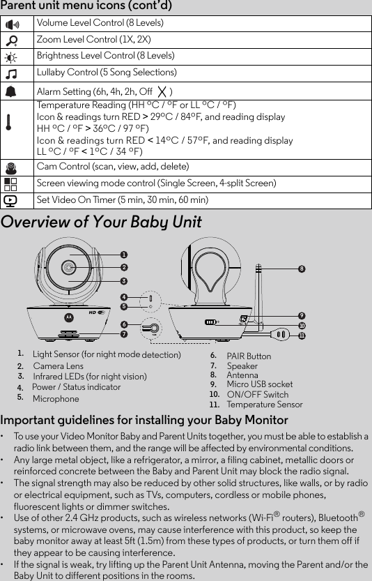 Important guidelines for installing your Baby Monitor•  To use your Video Monitor Baby and Parent Units together, you must be able to establish a radio link between them, and the range will be affected by environmental conditions.•  Any large metal object, like a refrigerator, a mirror, a filing cabinet, metallic doors or reinforced concrete between the Baby and Parent Unit may block the radio signal.•  The signal strength may also be reduced by other solid structures, like walls, or by radio or electrical equipment, such as TVs, computers, cordless or mobile phones, fluorescent lights or dimmer switches.•  Use of other 2.4 GHz products, such as wireless networks (Wi-Fi® routers), Bluetooth® systems, or microwave ovens, may cause interference with this product, so keep the baby monitor away at least 5ft (1.5m) from these types of products, or turn them off if they appear to be causing interference.•  If the signal is weak, try lifting up the Parent Unit Antenna, moving the Parent and/or the Baby Unit to different positions in the rooms.Parent unit menu icons (cont’d)Overview of Your Baby UnitVolume Level Control (8 Levels)Zoom Level Control (1X, 2X)Brightness Level Control (8 Levels)Lullaby Control (5 Song Selections)Alarm Setting (6h, 4h, 2h, Off  )Temperature Reading (HH ºC / ºF or LL ºC / ºF)Icon &amp; readings turn RED &gt; 29ºC / 84ºF, and reading display HH ºC / ºF &gt; 36ºC / 97 ºF)Icon &amp; readings turn RED &lt; 14ºC / 57ºF, and reading display LL ºC / ºF &lt; 1ºC / 34 ºF)Cam Control (scan, view, add, delete)Screen viewing mode control (Single Screen, 4-split Screen)Set Video On Timer (5 min, 30 min, 60 min)V11.Antenna19111082365471.Power / Status indicator2.Microphone3.Light Sensor (for night mode detection) 4.Camera Lens5.Infrared LEDs (for night vision)6.Speaker7.ON/OFF Switch8.Temperature Sensor9. Micro USB socket10.PAIR Button