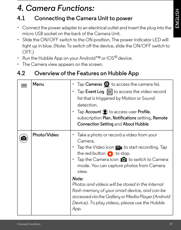 Camera Functions: 19ENGLISH4. Camera Functions:4.1 Connecting the Camera Unit to power•  Connect the power adapter to an electrical outlet and insert the plug into the micro USB socket on the back of the Camera Unit.•  Slide the ON/OFF switch to the ON position. The power indicator LED will light up in blue. (Note: To switch off the device, slide the ON/OFF switch to OFF.) •  Run the Hubble App on your Android™ or iOS® device.•  The Camera view appears on the screen.4.2 Overview of the Features on Hubble AppMenu • Tap Cameras  to access the camera list. • Tap Event Log  to access the video record list that is triggered by Motion or Sound detection. • Tap Account to access user Profile, subscription Plan, Notifications setting, Remote Connection Setting and About HubblePhoto/Video •  Take a photo or record a video from your Camera.•  Tap the Video icon   to start recording. Tap the red button   to stop.•  Tap the Camera icon   to switch to Camera mode. You can capture photos from Camera view.Note: Photos and videos will be stored in the internal flash memory of your smart device, and can be accessed via the Gallery or Media Player (Android Device). To play videos, please use the Hubble App.