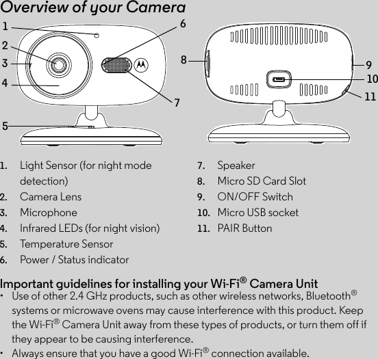 1. Light Sensor (for night mode detection) 2. Camera Lens3. Microphone4. Infrared LEDs (for night vision)5. Temperature Sensor6. Power / Status indicator7. Speaker8. Micro SD Card Slot9. ON/OFF Switch10. Micro USB socket11. PAIR ButtonOverview of your Camera1235789101146Important guidelines for installing your Wi-Fi® Camera Unit•  Use of other 2.4 GHz products, such as other wireless networks, Bluetooth® systems or microwave ovens may cause interference with this product. Keep the Wi-Fi® Camera Unit away from these types of products, or turn them off if they appear to be causing interference.•  Always ensure that you have a good Wi-Fi® connection available.