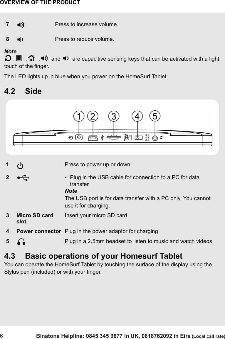 OVERVIEW OF THE PRODUCT6Binatone Helpline: 0845 345 9677 in UK, 0818762092 in Eire (Local call rate)NoteB, O ,H ,+ and - are capacitive sensing keys that can be activated with a light touch of the finger.The LED lights up in blue when you power on the HomeSurf Tablet.4.2 Side4.3 Basic operations of your Homesurf TabletYou can operate the HomeSurf Tablet by touching the surface of the display using the Stylus pen (included) or with your finger.7+Press to increase volume.8-Press to reduce volume.1PPress to power up or down2• Plug in the USB cable for connection to a PC for data transfer.NoteThe USB port is for data transfer with a PC only. You cannot use it for charging. 3 Micro SD card slotInsert your micro SD card4 Power connector Plug in the power adaptor for charging5Plug in a 2.5mm headset to listen to music and watch videosUQ