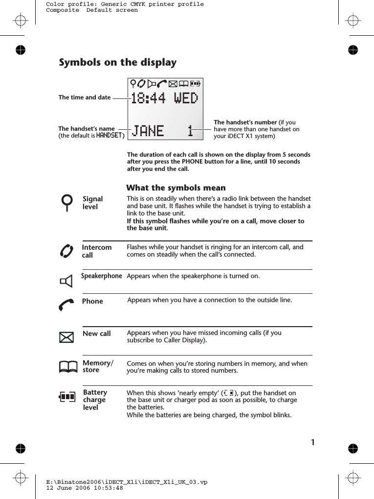 118:44 WEDJANE 1When this shows ‘nearly empty’ ( ), put the handset onthe base unit or charger pod as soon as possible, to chargethe batteries.While the batteries are being charged, the symbol blinks.Appears when you have a connection to the outside line.Appears when the speakerphone is turned on.Symbols on the displayThe handset’s number (if youhave more than one handset onyour iDECT X1 system)The handset’s name(the default is )HANDSETThe time and dateIntercomcallMemory/storeFlashes while your handset is ringing for an intercom call, andcomes on steadily when the call’s connected.Comes on when you’re storing numbers in memory, and whenyou’re making calls to stored numbers.SignallevelThis is on steadily when there’s a radio link between the handsetand base unit. lashes while the handset is trying to establish alink ..It fto the base unitIf this symbol flashes while you’re on a call, move closer tothe base unitBatterychargelevelPhoneSpeakerphoneNew call Appears when you have missed incoming calls (if yousubscribe to Caller Display).What the symbols meanThe duration of each call is shown on the display from 5 secondsafter you press the PHONE button for a line, until 10 secondsafter you end the call.E:\Binatone2006\iDECT_X1i\iDECT_X1i_UK_03.vp12 June 2006 10:53:48Color profile: Generic CMYK printer profileComposite  Default screen