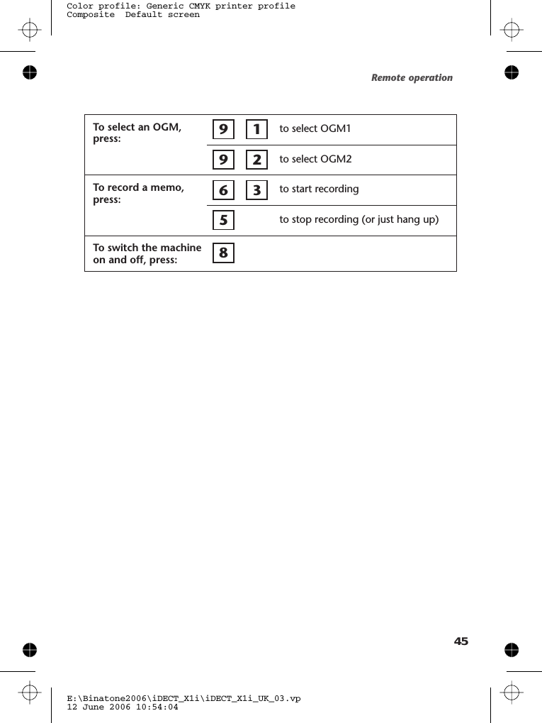 To select an OGM,press: 9 1 to select OGM19 2 to select OGM2To record a memo,press: 6 3 to start recording5to stop recording (or just hang up)To switch the machineon and off, press: 8Remote operationE:\Binatone2006\iDECT_X1i\iDECT_X1i_UK_03.vp12 June 2006 10:54:04Color profile: Generic CMYK printer profileComposite  Default screen45