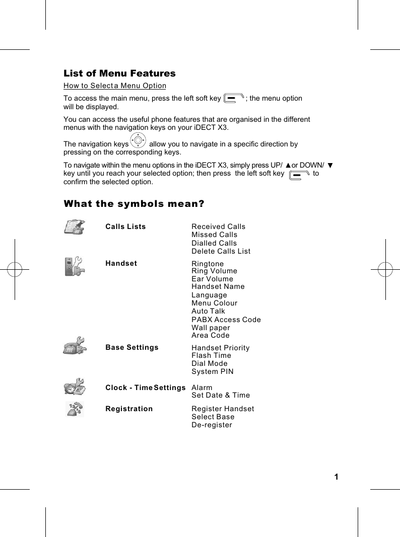 1What the symbols mean?          Calls Lists Received CallsMissed CallsDialled CallsDelete Calls List          Handset RingtoneRing VolumeEar VolumeHandset NameLanguageMenu ColourAuto TalkPABX Access CodeWall paper          Base Settings Handset PriorityFlash TimeDial ModeSystem PIN          Clock - Time Settings AlarmSet Date &amp; Time          Registration Register HandsetSelect BaseDe-registerList of Menu FeaturesHow to Select a Menu OptionYou can access the useful phone features that are organised in the different menus with the navigation keys on your iDECT X3.The navigation keys          allow you to navigate in a specific direction by pressing on the corresponding keys.To navigate within the menu options in the iDECT X3, simply press UP/     or DOWN/key until you reach your selected option; then press  the left soft key              toconfirm the selected option.To access the main menu, press the left soft key            ; the menu option will be displayed.Area Code