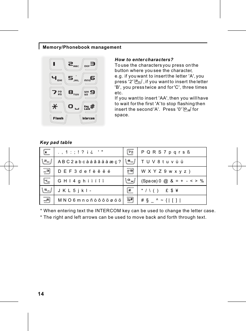 14Memory/Phonebook managementHow to enter characters?To use the characters you press on the button where you see the character,e.g. if you want to insert the letter &apos;A&apos;, you press &apos;2&apos;        , if you want to insert the letter &apos;B&apos;, you press twice and for &apos;C&apos;, three times etc.  If you want to insert &apos;AA&apos;, then you will have to wait for the first &apos;A&apos; to stop flashing then insert the second &apos;A&apos;.  Press &apos;0&apos;         for space.Key pad table.  A  B  C  2  a  b  c  à  á  â  ã  ä  å  æ  ç  ?D  E  F  3  d  e  f  è  ê  ë  éG  H  I  4  g  h  i  ì  í  î  ïJ  K  L  5  j  k  l  -M  N  O  6  m  n  o  ñ  ò  ô  õ  ö  ø  ó  ö,  1  :  ;  !  !  ?  ?  &apos;  &quot;T  U  V  8  t  u  v  ù  üP  Q  R  S  7  p  q  r  s  ßW  X  Y  Z  9  w  x  y  z  )(Spa ce) 0  @  &amp;  =  +   -  &lt;  &gt;  %*  /  \  (  )  €  £  $  ¥#  §  _  ^  ~  { |  [  ]  |* When entering text the INTERCOM key can be used to change the letter case.* The right and left arrows can be used to move back and forth through text.FlashIntercomKeyLockKe yLo ck