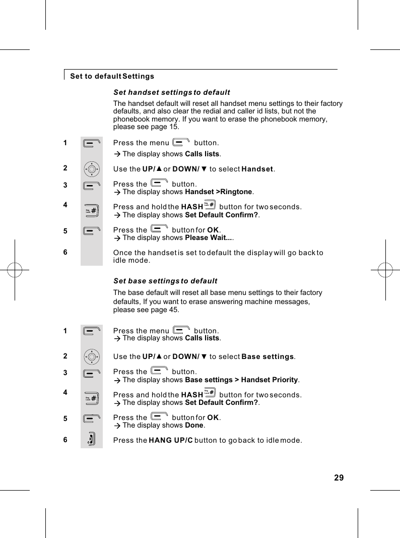 Set base settings to defaultSet to default Settings Press the menu            button.à The display shows Calls lists.Use the UP/    or DOWN/     to select Handset.Press the            button.à The display shows Handset &gt;Ringtone.Press and hold the HASH        button for two seconds.à The display shows Set Default Confirm?.Press the            button for OK.à The display shows Please Wait....Once the handset is set to default the display will go back to idle mode.123456Set handset settings to defaultThe handset default will reset all handset menu settings to their factory defaults, and also clear the redial and caller id lists, but not the phonebook memory. If you want to erase the phonebook memory, The base default will reset all base menu settings to their factory defaults, If you want to erase answering machine messages,  please see page 45.please see page 15.Press the menu            button.à The display shows Calls lists.Use the UP/    or DOWN/     to select Base settings.Press the            button.à The display shows Base settings &gt; Handset Priority.Press and hold the HASH        button for two seconds.à The display shows Set Default Confirm?.Press the            button for OK.à The display shows Done.Press the HANG UP/C button to go back to idle mode.12345629KeyLockKeyLockKeyLockKeyLock