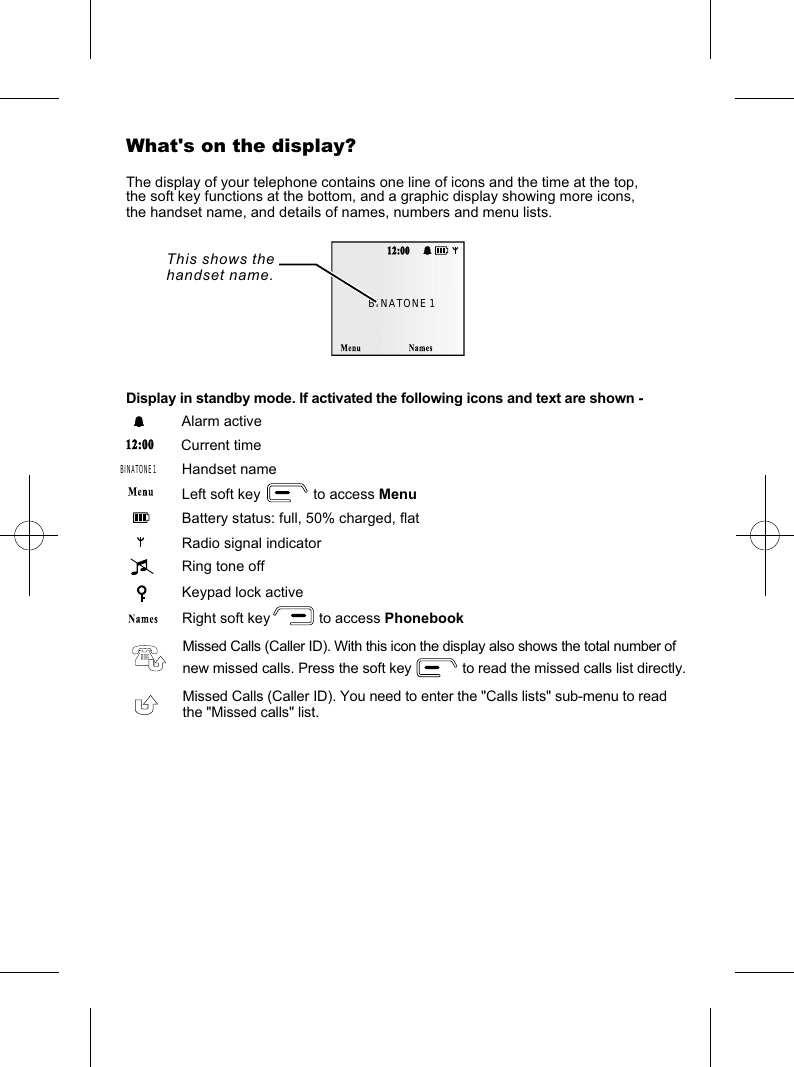 What&apos;s on the display? The display of your telephone contains one line of icons and the time at the top, the soft key functions at the bottom, and a graphic display showing more icons, Display in standby mode. If activated the following icons and text are shown -Alarm activeCurrent timeHandset nameLeft soft key             to access MenuBattery status: full, 50% charged, flatRadio signal indicatorRing tone offKeypad lock activeRight soft key            to access PhonebookBINATONE 1This shows the handset name.BINATONE 1 the handset name, and details of names, numbers and menu lists.Missed Calls (Caller ID). With this icon the display also shows the total number ofnew missed calls. Press the soft key             to read the missed calls list directly.Missed Calls (Caller ID). You need to enter the &quot;Calls lists&quot; sub-menu to read the &quot;Missed calls&quot; list.