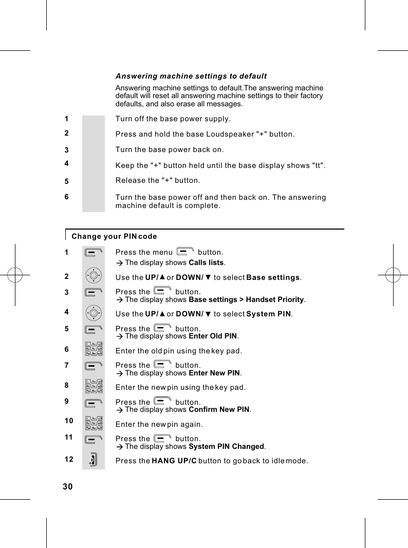 Change your PIN codePress the menu            button.à The display shows Calls lists.Use the UP/    or DOWN/     to select Base settings.Press the            button.à The display shows Base settings &gt; Handset Priority.Use the UP/    or DOWN/     to select System PIN.Press the            button.à The display shows Enter Old PIN.Enter the old pin using the key pad.Press the            button.à The display shows Enter New PIN.Enter the new pin using the key pad.Press the            button.à The display shows Confirm New PIN.Enter the new pin again.Press the            button.à The display shows System PIN Changed.Press the HANG UP/C button to go back to idle mode.123456789101112Turn off the base power supply.Press and hold the base Loudspeaker &quot;+&quot; button.Turn the base power back on.Keep the &quot;+&quot; button held until the base display shows &quot;tt&quot;.Release the &quot;+&quot; button.Turn the base power off and then back on. The answering 123456Answering machine settings to defaultAnswering machine settings to default.The answering machine default will reset all answering machine settings to their factory defaults, and also erase all messages.machine default is complete.30