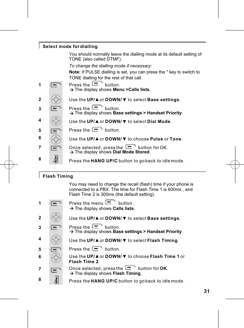 Flash TimingPress the menu            button.à The display shows Calls lists.Use the UP/    or DOWN/     to select Base settings.Press the            button.à The display shows Base settings &gt; Handset Priority.Use the UP/    or DOWN/     to select Flash Timing.Press the            button.Use the UP/    or DOWN/     to choose Flash Time 1 or Flash Time 2.Once selected, press the            button for OK.à The display shows Flash Timing.Press the HANG UP/C button to go back to idle mode.12345678You may need to change the recall (flash) time if your phone is connected to a PBX. The time for Flash Time 1 is 600ms , and Select mode fordiallingPress the            button.à The display shows Menu &gt;Calls lists.Use the UP/    or DOWN/     to select Base settings.Press the            button.à The display shows Base settings &gt; Handset Priority.Use the UP/    or DOWN/     to select Dial Mode.Press the            button.Use the UP/    or DOWN/     to choose Pulse or Tone.Once selected, press the            button for OK.à The display shows Dial Mode Stored.Press the HANG UP/C button to go back to idle mode.12345678You should normally leave the dialling mode at its default setting of TONE (also called DTMF).To change the dialling mode if necessary:Note: If PULSE dialling is set, you can press the * key to switch to TONE dialling for the rest of that call.Flash Time 2 is 300ms (the default setting).31