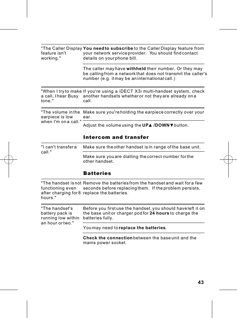 &quot;The Caller Display feature isn&apos;t working.&quot;&quot;When I try to make a call, I hear Busy tone.&quot;If you&apos;re using a iDECT X3i multi-handset system, check another handsets whether or not they are already on a call.&quot;The volume in the earpiece is low when I&apos;m on a call.&quot;Make sure you&apos;re holding the earpiece correctly over your ear.Adjust the volume using the UP    /DOWN    button.You need to subscribe to the Caller Display feature from your network service provider.  You should find contact details on your phone bill.The caller may have withheld their number. Or they may be calling from a network that does not transmit the caller&apos;s number (e.g. it may be an international call.)                    Intercom and transfer&quot;I can&apos;t transfer a call.&quot;Make sure the other handset is in range of the base unit.Make sure you are dialling the correct number for the other handset.                    Batteries&quot;The handset is not functioning even after charging for 8 hours.&quot;Remove the batteries from the handset and wait for a few seconds before replacing them.  If the problem persists, replace the batteries.&quot;The handset&apos;s battery pack is running low within an hour or two.&quot;Before you first use the handset, you should have left it on the base unit or charger pod for 24 hours to charge the batteries fully.You may need to replace the batteries.Check the connection between the base unit and the mains power socket.43