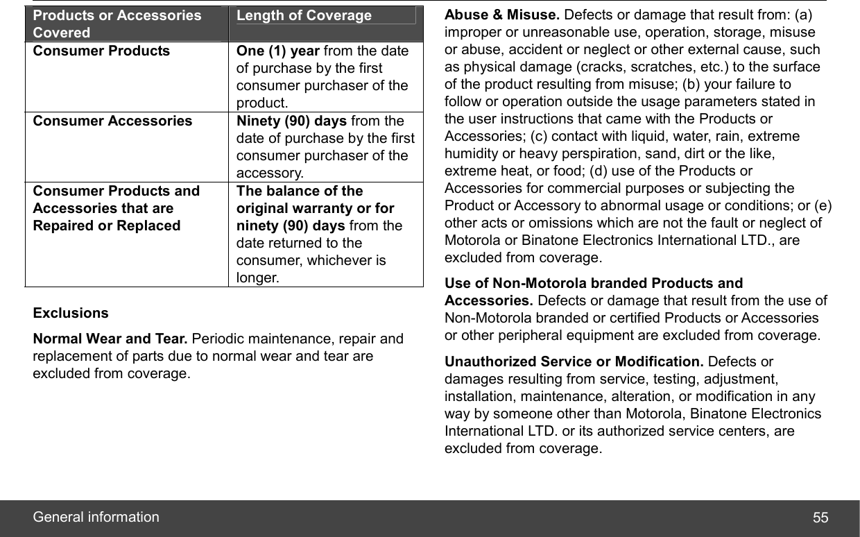  General information  55Products or Accessories Covered Length of Coverage Consumer Products One (1) year from the date of purchase by the first consumer purchaser of the product. Consumer Accessories  Ninety (90) days from the date of purchase by the first consumer purchaser of the accessory. Consumer Products and Accessories that are Repaired or Replaced The balance of the original warranty or for ninety (90) days from the date returned to the consumer, whichever is longer. Exclusions Normal Wear and Tear. Periodic maintenance, repair and replacement of parts due to normal wear and tear are excluded from coverage.  Abuse &amp; Misuse. Defects or damage that result from: (a) improper or unreasonable use, operation, storage, misuse or abuse, accident or neglect or other external cause, such as physical damage (cracks, scratches, etc.) to the surface of the product resulting from misuse; (b) your failure to follow or operation outside the usage parameters stated in the user instructions that came with the Products or Accessories; (c) contact with liquid, water, rain, extreme humidity or heavy perspiration, sand, dirt or the like, extreme heat, or food; (d) use of the Products or Accessories for commercial purposes or subjecting the Product or Accessory to abnormal usage or conditions; or (e) other acts or omissions which are not the fault or neglect of Motorola or Binatone Electronics International LTD., are excluded from coverage. Use of Non-Motorola branded Products and Accessories. Defects or damage that result from the use of Non-Motorola branded or certified Products or Accessories or other peripheral equipment are excluded from coverage. Unauthorized Service or Modification. Defects or damages resulting from service, testing, adjustment, installation, maintenance, alteration, or modification in any way by someone other than Motorola, Binatone Electronics International LTD. or its authorized service centers, are excluded from coverage. 