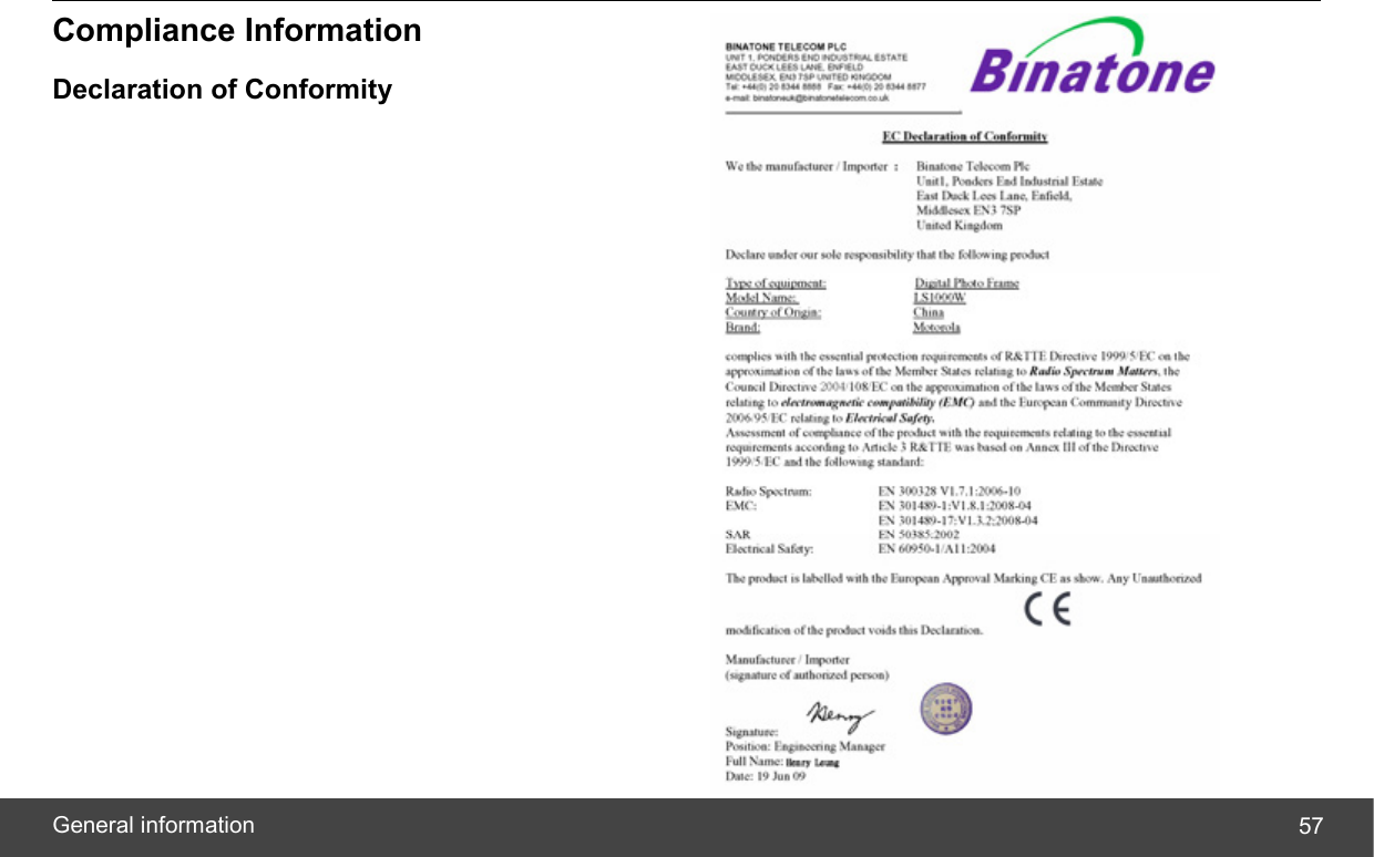  General information  57Compliance Information Declaration of Conformity  