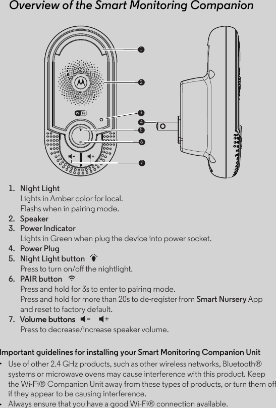 Welcome...to your new Motorola Smart Monitoring Companion!Thank you for purchasing the Smart Monitoring Companion.Please  keep  your  original  dated  sales  receipt  for  your  records.  For  warranty service of your Motorola product, you will need to provide a copy of your dated sales receipt to confirm warranty status. Registration is not required for warranty coverage.For product related questions, please call:This User’s Guide has all the information you need to make the most out of your product.Please read the Safety Instructions on pages 5 - 6 before you install the unit.Inside the Box••1 x Wi-Fi® Camera Unit 1 x Quick Start GuideUS and Canada 1-888-331-3383E-mail: support@motorolastore.comOn the Web: www.motorolastore.comThank you for purchasing the Smart Monitoring Companion. Now you can hear your  baby  sleep  in  the  room  or  you  can  monitor  your  older  children  in  their playroom.  You  can  install  the  Companion  only  from  your  iPhone®/iPad®  or Android™ devices and hear the Audio Stream from your PC or Notebook, as well as from your iPhone®/iPad® or Android™ devices.Important guidelines for installing your Smart Monitoring Companion Unit• • Use of other 2.4 GHz products, such as other wireless networks, Bluetooth®systems or microwave ovens may cause interference with this product. Keepthe Wi-Fi® Companion Unit away from these types of products, or turn them off if they appear to be causing interference.Always ensure that you have a good Wi-Fi® connection available.Overview of the Smart Monitoring Companion56724131. Night LightLights in Amber color for local.Flashs when in pairing mode.2. Speaker3. Power IndicatorLights in Green when plug the device into power socket.4. Power Plug5. Night Light buttonPress to turn on/oﬀ the nightlight. 6. PAIR button Press and hold for 3s to enter to pairing mode.Press and hold for more than 20s to de-register from Smart Nursery Appand reset to factory default.7. Volume buttonsolume buttonsPress to decrease/increase speaker volume.