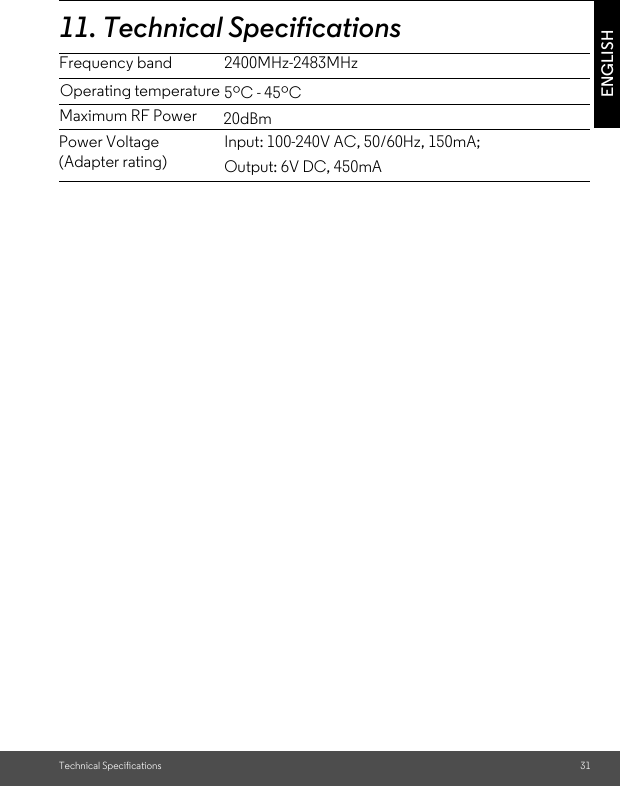 Technical Specifications 31ENGLISH11.Technical SpecificationsFrequency band 2400MHz-2483MHzPower Voltage (Adapter rating)Input: 100-240V AC, 50/60Hz, 150mA; Output: 6V DC, 450mAOperating temperature 5ºC - 45ºCMaximum RF Power 20dBm