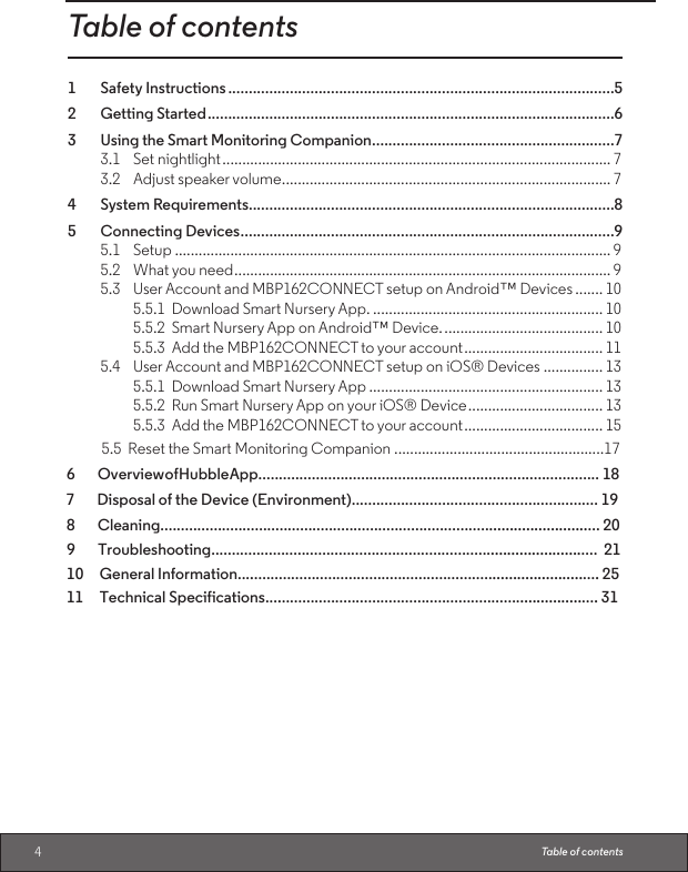 4Table of contents1  Safety Instructions ..............................................................................................52  Getting Started ...................................................................................................63  Using the Smart Monitoring Companion ...........................................................7  3.1   Set nightlight .................................................................................................. 7  3.2   Adjust speaker volume ................................................................................... 74        System Requirements.........................................................................................85        Connecting Devices ...........................................................................................95.1   Setup .............................................................................................................. 95.2   What you need ............................................................................................... 95.3   User Account and MBP162CONNECT setup on Android™ Devices ....... 10 5.5.1  Download Smart Nursery App. .......................................................... 10 5.5.2  Smart Nursery App on Android™ Device. ........................................ 10 5.5.3  Add the MBP162CONNECT to your account ................................... 115.4   User Account and MBP162CONNECT setup on iOS® Devices ............... 13 5.5.1  Download Smart Nursery App ........................................................... 13 5.5.2  Run Smart Nursery App on your iOS® Device .................................. 13 5.5.3  Add the MBP162CONNECT to your account ................................... 15Table of contents5.5  Reset the Smart Monitoring Companion .....................................................176       Overview of Hubble App...................................................................................         187       Disposal of the Device (Environment)............................................................  198       Cleaning........................................................................................................... 209       Troubleshooting..............................................................................................  2110     General Information........................................................................................  2511     Technical Specifications................................................................................. 31