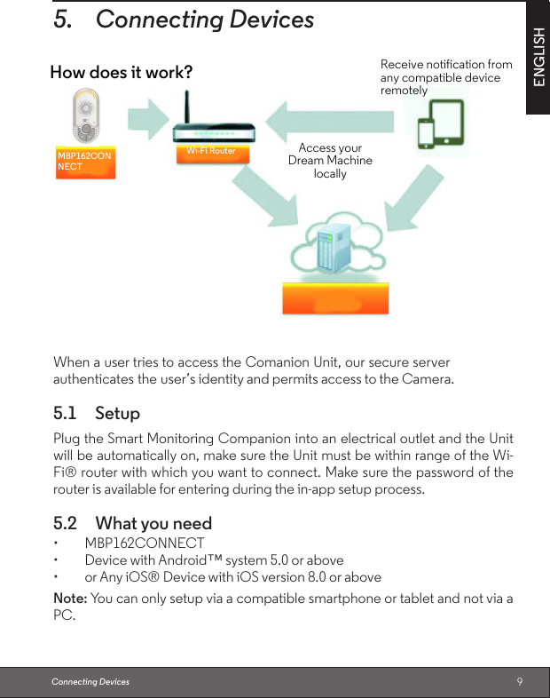 9ENGLISH5. Connecting DevicesWhen a user tries to access the Comanion Unit, our secure server authenticates the user’s identity and permits access to the Camera.5.1  SetupPlug the Smart Monitoring Companion into an electrical outlet and the Unit will be automatically on, make sure the Unit must be within range of the Wi-Fi® router with which you want to connect. Make sure the password of the router is available for entering during the in-app setup process.5.2  What you need• MBP162CONNECT• DevicewithAndroid™system5.0orabove• orAnyiOS®DevicewithiOSversion8.0oraboveNote: You can only setup via a compatible smartphone or tablet and not via a PC.Connecting DevicesHow does it work?Access your Dream Machine locallyMBP162CONNECTWi-Fi RouterReceive notification from any compatible device remotely