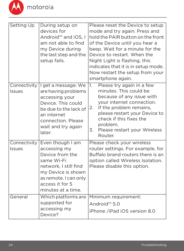 24 TroubleshootingSetting Up During setup on devices for Android™ and iOS, I am not able to find my Device during the last step and the setup fails.Please reset the Device to setup mode and try again. Press and hold the PAIR button on the front of the Device until you hear a beep. Wait for a minute for the Device to restart. When the Night Light is flashing, this indicates that it is in setup mode. Now restart the setup from your smartphone again.Connectivity IssuesI get a message: We are having problems accessing your Device. This could be due to the lack of an internet connection. Please wait and try again later.1. Please try again in a few minutes. This could be because of any issue with your internet connection.2. If the problem remains, please restart your Device to check if this fixes the problem.3. Please restart your Wireless Router.Connectivity IssuesEven though I am accessing my Device from the same Wi-Fi network, I still find my Device is shown as remote. I can only access it for 5 minutes at a time.Please check your wireless router settings. For example, for Buffalo brand routers there is an option called Wireless Isolation. Please disable this option.General Which platforms are supported for accessing my Device?Minimum requirement:Android™ 5.0iPhone /iPad iOS version 8.0