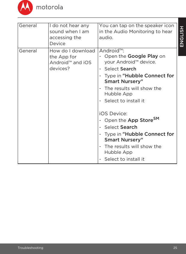 Troubleshooting 25ENGLISHGeneral I do not hear any sound when I am accessing the DeviceYou can tap on the speaker icon in the Audio Monitoring to hear audio.General How do I download the App for Android™ and iOS devices?Android™:- Open the Google Play on your Android™ device.- Select Search- Type in &quot;Hubble Connect for Smart Nursery&quot;-  The results will show the Hubble App-  Select to install itiOS Device:- Open the App StoreSM- Select Search- Type in &quot;Hubble Connect for Smart Nursery&quot;-  The results will show the Hubble App-  Select to install it
