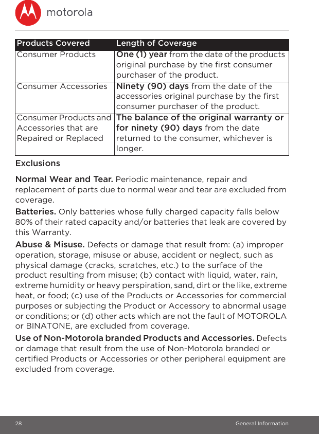 28 General InformationExclusionsNormal Wear and Tear. Periodic maintenance, repair and replacement of parts due to normal wear and tear are excluded from coverage. Batteries. Only batteries whose fully charged capacity falls below 80% of their rated capacity and/or batteries that leak are covered by this Warranty.Abuse &amp; Misuse. Defects or damage that result from: (a) improper operation, storage, misuse or abuse, accident or neglect, such as physical damage (cracks, scratches, etc.) to the surface of the product resulting from misuse; (b) contact with liquid, water, rain, extreme humidity or heavy perspiration, sand, dirt or the like, extreme heat, or food; (c) use of the Products or Accessories for commercial purposes or subjecting the Product or Accessory to abnormal usage or conditions; or (d) other acts which are not the fault of MOTOROLA or BINATONE, are excluded from coverage. Use of Non-Motorola branded Products and Accessories. Defects or damage that result from the use of Non-Motorola branded or certified Products or Accessories or other peripheral equipment are excluded from coverage. Products Covered Length of CoverageConsumer Products One (1) year from the date of the products original purchase by the first consumer purchaser of the product.Consumer Accessories Ninety (90) days from the date of the accessories original purchase by the first consumer purchaser of the product.Consumer Products and Accessories that are Repaired or ReplacedThe balance of the original warranty or for ninety (90) days from the date returned to the consumer, whichever is longer.