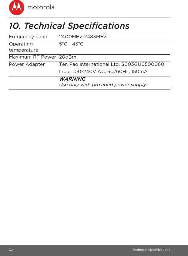 32 Technical Specifications10. Technical SpecificationsFrequency band 2400MHz-2483MHzOperating temperature5ºC - 45ºCMaximum RF Power 20dBmPower Adapter Ten Pao International Ltd. S003GU0500060 Input 100-240V AC, 50/60Hz, 150mAWARNINGUse only with provided power supply. 