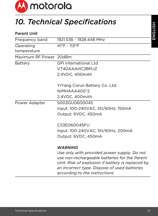 Technical Specifications 37ENGLISH10. Technical SpecificationsParent UnitFrequency band 1921.536 - 1928.448 MHzOperating temperature41°F - 113°FMaximum RF Power 20dBmBattery GPI international Ltd VT40AAAHC2BMJZ2.4VDC, 400mAhYiYang Corun Battery Co. Ltd.NiMHAAA400*22.4VDC, 400mAhPower Adapter S003GU0600045Input: 100-240VAC, 50/60Hz, 150mAOutput: 6VDC, 450mACS3E060045FUInput: 100-240VAC, 50/60Hz, 200mAOutput: 6VDC, 450mAWARNINGUse only with provided power supply. Do not use non-rechargeable batteries for the Parent Unit. Risk of explosion if battery is replaced by an incorrect type. Dispose of used batteries according to the instructions