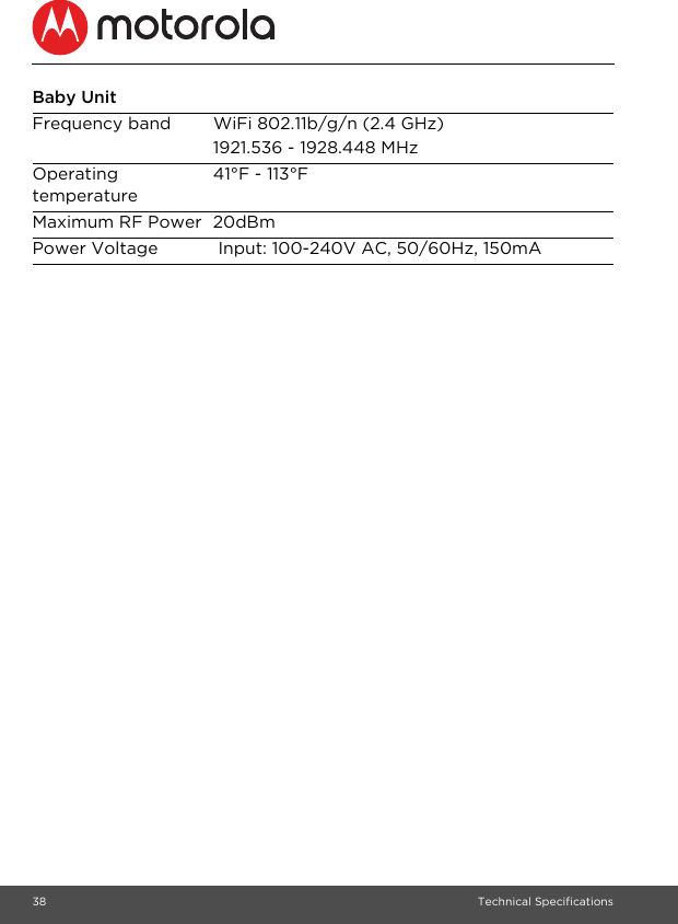 38 Technical SpecificationsBaby UnitFrequency band WiFi 802.11b/g/n (2.4 GHz)1921.536 - 1928.448 MHzOperating temperature41°F - 113°FMaximum RF Power 20dBmPower Voltage  Input: 100-240V AC, 50/60Hz, 150mA