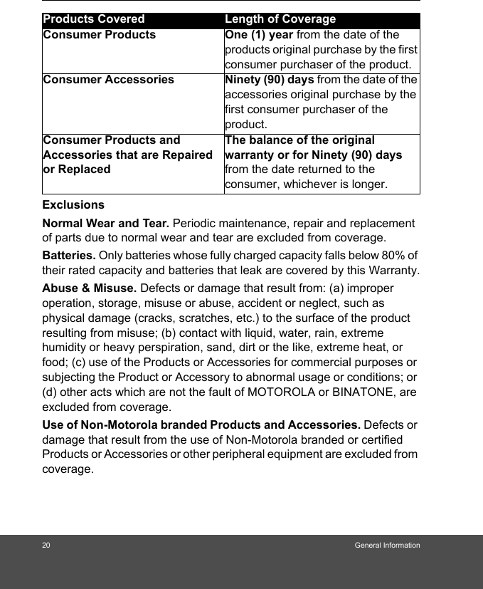 20 General InformationExclusionsNormal Wear and Tear. Periodic maintenance, repair and replacement of parts due to normal wear and tear are excluded from coverage. Batteries. Only batteries whose fully charged capacity falls below 80% of their rated capacity and batteries that leak are covered by this Warranty.Abuse &amp; Misuse. Defects or damage that result from: (a) improper operation, storage, misuse or abuse, accident or neglect, such as physical damage (cracks, scratches, etc.) to the surface of the product resulting from misuse; (b) contact with liquid, water, rain, extreme humidity or heavy perspiration, sand, dirt or the like, extreme heat, or food; (c) use of the Products or Accessories for commercial purposes or subjecting the Product or Accessory to abnormal usage or conditions; or (d) other acts which are not the fault of MOTOROLA or BINATONE, are excluded from coverage. Use of Non-Motorola branded Products and Accessories. Defects or damage that result from the use of Non-Motorola branded or certified Products or Accessories or other peripheral equipment are excluded from coverage. Products Covered Length of CoverageConsumer Products One (1) year from the date of the products original purchase by the first consumer purchaser of the product.Consumer Accessories Ninety (90) days from the date of the accessories original purchase by the first consumer purchaser of the product.Consumer Products and Accessories that are Repaired or ReplacedThe balance of the original warranty or for Ninety (90) days from the date returned to the consumer, whichever is longer.