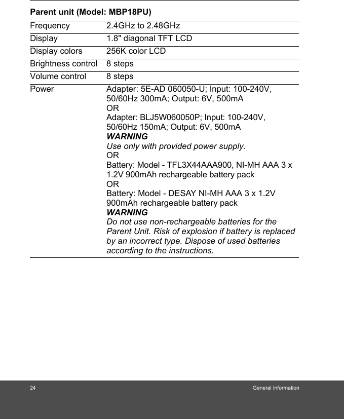 24 General InformationParent unit (Model: MBP18PU)Frequency 2.4GHz to 2.48GHzDisplay 1.8&quot; diagonal TFT LCDDisplay colors 256K color LCDBrightness control 8 stepsVolume control 8 stepsPower Adapter: 5E-AD 060050-U; Input: 100-240V, 50/60Hz 300mA; Output: 6V, 500mAORAdapter: BLJ5W060050P; Input: 100-240V, 50/60Hz 150mA; Output: 6V, 500mAWARNINGUse only with provided power supply.ORBattery: Model - TFL3X44AAA900, NI-MH AAA 3 x 1.2V 900mAh rechargeable battery packORBattery: Model - DESAY NI-MH AAA 3 x 1.2V 900mAh rechargeable battery pack WARNINGDo not use non-rechargeable batteries for the Parent Unit. Risk of explosion if battery is replaced by an incorrect type. Dispose of used batteries according to the instructions.