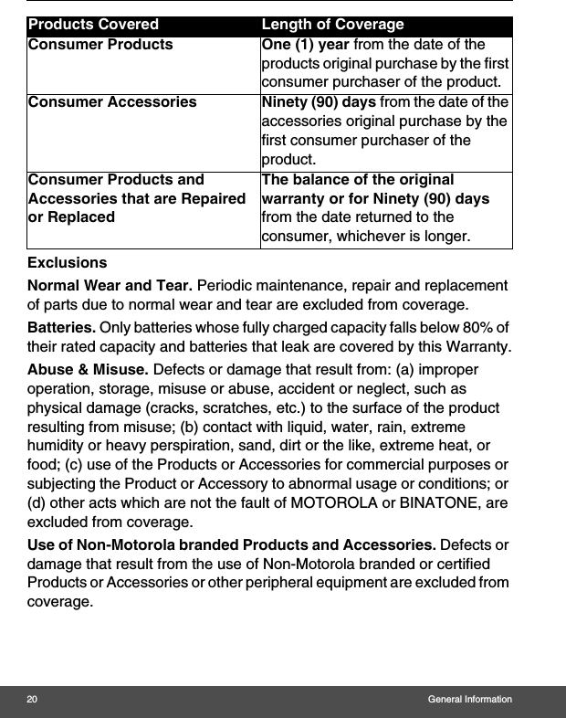 20 General InformationExclusionsNormal Wear and Tear. Periodic maintenance, repair and replacement of parts due to normal wear and tear are excluded from coverage. Batteries. Only batteries whose fully charged capacity falls below 80% of their rated capacity and batteries that leak are covered by this Warranty.Abuse &amp; Misuse. Defects or damage that result from: (a) improper operation, storage, misuse or abuse, accident or neglect, such as physical damage (cracks, scratches, etc.) to the surface of the product resulting from misuse; (b) contact with liquid, water, rain, extreme humidity or heavy perspiration, sand, dirt or the like, extreme heat, or food; (c) use of the Products or Accessories for commercial purposes or subjecting the Product or Accessory to abnormal usage or conditions; or (d) other acts which are not the fault of MOTOROLA or BINATONE, are excluded from coverage. Use of Non-Motorola branded Products and Accessories. Defects or damage that result from the use of Non-Motorola branded or certified Products or Accessories or other peripheral equipment are excluded from coverage. Products Covered Length of CoverageConsumer Products One (1) year from the date of the products original purchase by the first consumer purchaser of the product.Consumer Accessories Ninety (90) days from the date of the accessories original purchase by the first consumer purchaser of the product.Consumer Products and Accessories that are Repaired or ReplacedThe balance of the original warranty or for Ninety (90) days from the date returned to the consumer, whichever is longer.