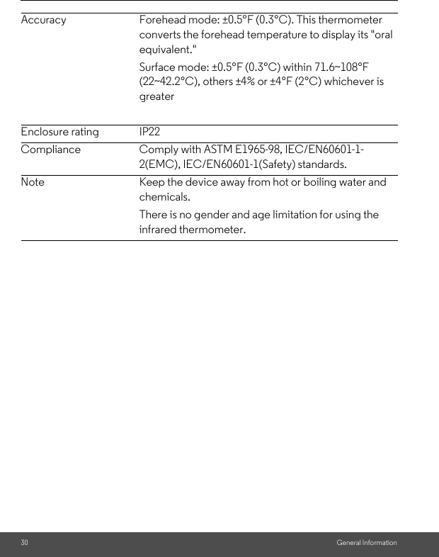 30 General InformationAccuracy Forehead mode: ±0.5°F (0.3°C). This thermometer converts the forehead temperature to display its &quot;oral equivalent.&quot;Surface mode: ±0.5°F (0.3°C) within 71.6~108°F (22~42.2°C), others ±4% or ±4°F (2°C) whichever is greaterEnclosure rating IP22Compliance  Comply with ASTM E1965-98, IEC/EN60601-1-2(EMC), IEC/EN60601-1(Safety) standards.Note Keep the device away from hot or boiling water and chemicals.There is no gender and age limitation for using the infrared thermometer.