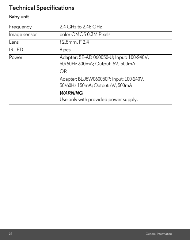 28 General InformationTechnical SpecificationsBaby unitFrequency 2.4 GHz to 2.48 GHzImage sensor color CMOS 0.3M PixelsLens f 2.5mm, F 2.4IR LED 8 pcsPower Adapter: 5E-AD 060050-U; Input: 100-240V, 50/60Hz 300mA; Output: 6V, 500mAORAdapter: BLJ5W060050P; Input: 100-240V, 50/60Hz 150mA; Output: 6V, 500mA WARNINGUse only with provided power supply.