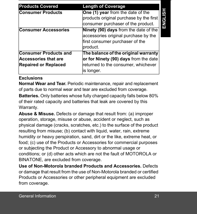 General Information 21ENGLISHExclusionsNormal Wear and Tear. Periodic maintenance, repair and replacement of parts due to normal wear and tear are excluded from coverage. Batteries. Only batteries whose fully charged capacity falls below 80% of their rated capacity and batteries that leak are covered by this Warranty.Abuse &amp; Misuse. Defects or damage that result from: (a) improper operation, storage, misuse or abuse, accident or neglect, such as physical damage (cracks, scratches, etc.) to the surface of the product resulting from misuse; (b) contact with liquid, water, rain, extreme humidity or heavy perspiration, sand, dirt or the like, extreme heat, or food; (c) use of the Products or Accessories for commercial purposes or subjecting the Product or Accessory to abnormal usage or conditions; or (d) other acts which are not the fault of MOTOROLA or BINATONE, are excluded from coverage. Use of Non-Motorola branded Products and Accessories. Defects or damage that result from the use of Non-Motorola branded or certified Products or Accessories or other peripheral equipment are excluded from coverage. Products Covered Length of CoverageConsumer Products One (1) year from the date of the products original purchase by the first consumer purchaser of the product.Consumer Accessories Ninety (90) days from the date of the accessories original purchase by the first consumer purchaser of the product.Consumer Products and Accessories that are Repaired or ReplacedThe balance of the original warranty or for Ninety (90) days from the date returned to the consumer, whichever is longer.