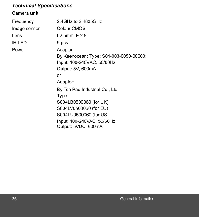 26 General InformationTechnical SpecificationsCamera unitFrequency 2.4GHz to 2.4835GHzImage sensor Colour CMOSLens f 2.5mm, F 2.8IR LED 9 pcsPower Adaptor:By Keenocean; Type: S04-003-0050-00600;Input: 100-240VAC, 50/60HzOutput: 5V, 600mAorAdaptor:By Ten Pao Industrial Co., Ltd. Type: S004LB0500060 (for UK) S004LV0500060 (for EU) S004LU0500060 (for US)Input: 100-240VAC, 50/60HzOutput: 5VDC, 600mA