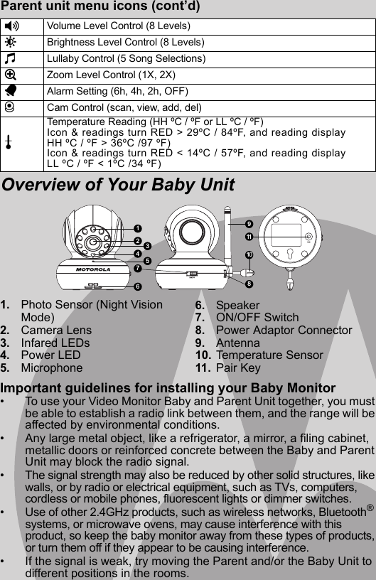 1. Photo Sensor (Night Vision Mode)2. Camera Lens3. Infared LEDs4. Power LED5. Microphone6. Speaker7. ON/OFF Switch8. Power Adaptor Connector9. Antenna10. Temperature Sensor11. Pair KeyImportant guidelines for installing your Baby Monitor•  To use your Video Monitor Baby and Parent Unit together, you must be able to establish a radio link between them, and the range will be affected by environmental conditions.•  Any large metal object, like a refrigerator, a mirror, a filing cabinet, metallic doors or reinforced concrete between the Baby and Parent Unit may block the radio signal.•  The signal strength may also be reduced by other solid structures, like walls, or by radio or electrical equipment, such as TVs, computers, cordless or mobile phones, fluorescent lights or dimmer switches.•  Use of other 2.4GHz products, such as wireless networks, Bluetooth® systems, or microwave ovens, may cause interference with this product, so keep the baby monitor away from these types of products, or turn them off if they appear to be causing interference.•  If the signal is weak, try moving the Parent and/or the Baby Unit to different positions in the rooms.Parent unit menu icons (cont’d)Overview of Your Baby Unit*Volume Level Control (8 Levels)&amp;Brightness Level Control (8 Levels)mLullaby Control (5 Song Selections)ZZoom Level Control (1X, 2X)AAlarm Setting (6h, 4h, 2h, OFF)CCam Control (scan, view, add, del)tTemperature Reading (HH ºC / ºF or LL ºC / ºF)Icon &amp; readings turn RED &gt; 29ºC / 84ºF, and reading displayHH ºC / ºF &gt; 36ºC /97 ºF)Icon &amp; readings turn RED &lt; 14ºC / 57ºF, and reading displayLL ºC / ºF &lt; 1ºC /34 ºF)1911108236547