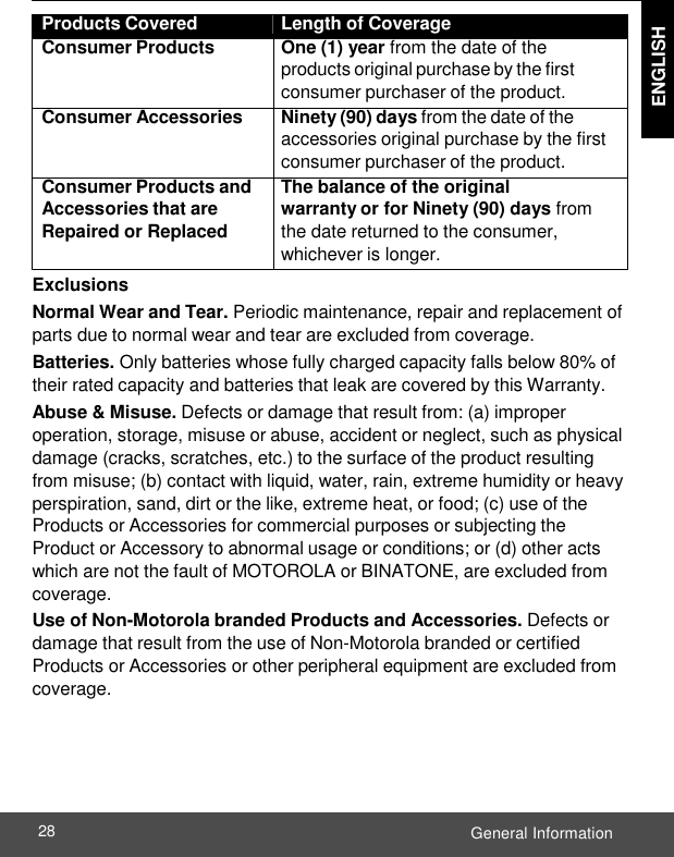  ENGLISH ENGLISH General Information 28    Products Covered Length of Coverage Consumer Products One (1) year from the date of the products original purchase by the first consumer purchaser of the product. Consumer Accessories Ninety (90) days from the date of the accessories original purchase by the first consumer purchaser of the product. Consumer Products and Accessories that are Repaired or Replaced The balance of the original warranty or for Ninety (90) days from  the date returned to the consumer, whichever is longer. Exclusions Normal Wear and Tear. Periodic maintenance, repair and replacement of parts due to normal wear and tear are excluded from coverage. Batteries. Only batteries whose fully charged capacity falls below 80% of their rated capacity and batteries that leak are covered by this Warranty. Abuse &amp; Misuse. Defects or damage that result from: (a) improper operation, storage, misuse or abuse, accident or neglect, such as physical damage (cracks, scratches, etc.) to the surface of the product resulting from misuse; (b) contact with liquid, water, rain, extreme humidity or heavy perspiration, sand, dirt or the like, extreme heat, or food; (c) use of the Products or Accessories for commercial purposes or subjecting the Product or Accessory to abnormal usage or conditions; or (d) other acts which are not the fault of MOTOROLA or BINATONE, are excluded from coverage. Use of Non-Motorola branded Products and Accessories. Defects or damage that result from the use of Non-Motorola branded or certified Products or Accessories or other peripheral equipment are excluded from coverage. 