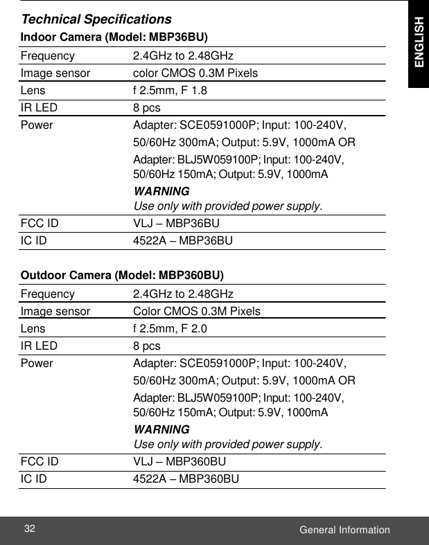  ENGLISH General Information 32    Technical Specifications Indoor Camera (Model: MBP36BU) Frequency   2.4GHz to 2.48GHz Image sensor   color CMOS 0.3M Pixels Lens   f 2.5mm, F 1.8 IR LED   8 pcs Power   Adapter: SCE0591000P; Input: 100-240V, 50/60Hz 300mA; Output: 5.9V, 1000mA OR Adapter: BLJ5W059100P; Input: 100-240V, 50/60Hz 150mA; Output: 5.9V, 1000mA WARNING Use only with provided power supply. FCC ID   VLJ – MBP36BU IC ID   4522A – MBP36BU  Outdoor Camera (Model: MBP360BU) Frequency   2.4GHz to 2.48GHz Image sensor   Color CMOS 0.3M Pixels Lens   f 2.5mm, F 2.0 IR LED   8 pcs Power   Adapter: SCE0591000P; Input: 100-240V, 50/60Hz 300mA; Output: 5.9V, 1000mA OR Adapter: BLJ5W059100P; Input: 100-240V, 50/60Hz 150mA; Output: 5.9V, 1000mA WARNING Use only with provided power supply. FCC ID   VLJ – MBP360BU IC ID   4522A – MBP360BU 