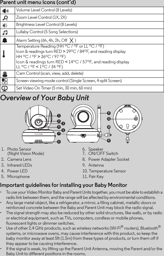 Important guidelines for installing your Baby Monitor•  To use your Video Monitor Baby and Parent Units together, you must be able to establish a radio link between them, and the range will be affected by environmental conditions.•  Any large metal object, like a refrigerator, a mirror, a filing cabinet, metallic doors or reinforced concrete between the Baby and Parent Unit may block the radio signal.•  The signal strength may also be reduced by other solid structures, like walls, or by radio or electrical equipment, such as TVs, computers, cordless or mobile phones, fluorescent lights or dimmer switches.•  Use of other 2.4 GHz products, such as wireless networks (Wi-Fi® routers), Bluetooth® systems, or microwave ovens, may cause interference with this product, so keep the baby monitor away at least 5ft (1.5m) from these types of products, or turn them off if they appear to be causing interference.•  If the signal is weak, try lifting up the Parent Unit Antenna, moving the Parent and/or the Baby Unit to different positions in the rooms.1.   Photo Sensor        (Night Vision Mode)6.   Speaker7.   ON/OFF Switch2.   Camera Lens 8.   Power Adapter Socket 3.   Infrared LEDs 9.   Antenna4.   Power LED 10. Temperature Sensor5.   Microphone  11. Pair KeyParent unit menu icons (cont’d)Overview of Your Baby UnitVolume Level Control (8 Levels)Zoom Level Control (1X, 2X)Brightness Level Control (8 Levels)Lullaby Control (5 Song Selections)Alarm Setting (6h, 4h, 2h, Off  )Temperature Reading (HH ºC / ºF or LL ºC / ºF)Icon &amp; readings turn RED &gt; 29ºC / 84ºF, and reading display HH ºC / ºF &gt; 36ºC / 97 ºF)Icon &amp; readings turn RED &lt; 14ºC / 57ºF, and reading display LL ºC / ºF &lt; 1ºC / 34 ºF)Cam Control (scan, view, add, delete)Screen viewing mode control (Single Screen, 4-split Screen)Set Video On Timer (5 min, 30 min, 60 min)V1911108236547PAIR