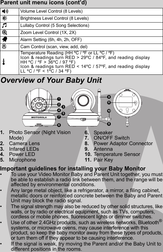 1. Photo Sensor (Night Vision Mode)2. Camera Lens3. Infared LEDs4. Power LED5. Microphone6. Speaker7. ON/OFF Switch8. Power Adaptor Connector9. Antenna10. Temperature Sensor11. Pair KeyImportant guidelines for installing your Baby Monitor•  To use your Video Monitor Baby and Parent Unit together, you must be able to establish a radio link between them, and the range will be affected by environmental conditions.•  Any large metal object, like a refrigerator, a mirror, a filing cabinet, metallic doors or reinforced concrete between the Baby and Parent Unit may block the radio signal.•  The signal strength may also be reduced by other solid structures, like walls, or by radio or electrical equipment, such as TVs, computers, cordless or mobile phones, fluorescent lights or dimmer switches.•  Use of other 2.4GHz products, such as wireless networks, Bluetooth® systems, or microwave ovens, may cause interference with this product, so keep the baby monitor away from these types of products, or turn them off if they appear to be causing interference.•  If the signal is weak, try moving the Parent and/or the Baby Unit to different positions in the rooms.Parent unit menu icons (cont’d)Overview of Your Baby Unit*Volume Level Control (8 Levels)&amp;Brightness Level Control (8 Levels)mLullaby Control (5 Song Selections)ZZoom Level Control (1X, 2X)AAlarm Setting (6h, 4h, 2h, OFF)CCam Control (scan, view, add, del)tTemperature Reading (HH ºC / ºF or LL ºC / ºF)Icon &amp; readings turn RED &gt; 29ºC / 84ºF, and reading displayHH ºC / ºF &gt; 36ºC / 97 ºF)Icon &amp; readings turn RED &lt; 14ºC / 57ºF, and reading displayLL ºC / ºF &lt; 1ºC / 34 ºF)1911108236547