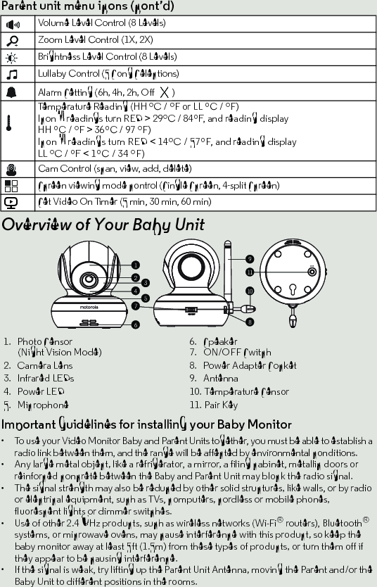 Important guidelines for installing your Baby Monitor•  To use your Video Monitor Baby and Parent Units together, you must be able to establish a radio link between them, and the range will be affected by environmental conditions.•  Any large metal object, like a refrigerator, a mirror, a filing cabinet, metallic doors or reinforced concrete between the Baby and Parent Unit may block the radio signal.•  The signal strength may also be reduced by other solid structures, like walls, or by radio or electrical equipment, such as TVs, computers, cordless or mobile phones, fluorescent lights or dimmer switches.•  Use of other 2.4 GHz products, such as wireless networks (Wi-Fi® routers), Bluetooth® systems, or microwave ovens, may cause interference with this product, so keep the baby monitor away at least 5ft (1.5m) from these types of products, or turn them off if they appear to be causing interference.•  If the signal is weak, try lifting up the Parent Unit Antenna, moving the Parent and/or the Baby Unit to different positions in the rooms.1.   Photo Sensor        (Night Vision Mode)6.   Speaker7.   ON/OFF Switch2.   Camera Lens 8.   Power Adapter Socket 3.   Infrared LEDs 9.   Antenna4.   Power LED 10. Temperature Sensor5.   Microphone  11. Pair KeyParent unit menu icons (cont’d)Overview of Your Baby UnitVolume Level Control (8 Levels)Zoom Level Control (1X, 2X)Brightness Level Control (8 Levels)Lullaby Control (5 Song Selections)Alarm Setting (6h, 4h, 2h, Off  )Temperature Reading (HH ºC / ºF or LL ºC / ºF)Icon &amp; readings turn RED &gt; 29ºC / 84ºF, and reading display HH ºC / ºF &gt; 36ºC / 97 ºF)Icon &amp; readings turn RED &lt; 14ºC / 57ºF, and reading display LL ºC / ºF &lt; 1ºC / 34 ºF)Cam Control (scan, view, add, delete)Screen viewing mode control (Single Screen, 4-split Screen)Set Video On Timer (5 min, 30 min, 60 min)V1911108236547PAIR