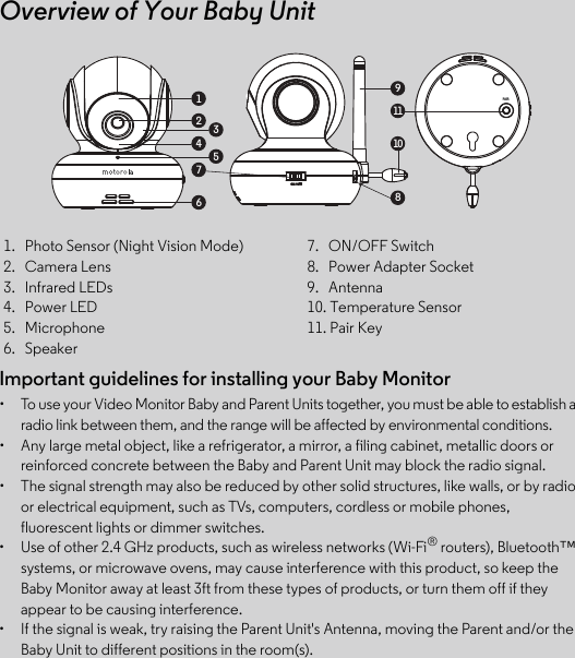 Important guidelines for installing your Baby Monitor•  To use your Video Monitor Baby and Parent Units together, you must be able to establish a radio link between them, and the range will be affected by environmental conditions.•  Any large metal object, like a refrigerator, a mirror, a filing cabinet, metallic doors or reinforced concrete between the Baby and Parent Unit may block the radio signal.•  The signal strength may also be reduced by other solid structures, like walls, or by radio or electrical equipment, such as TVs, computers, cordless or mobile phones, fluorescent lights or dimmer switches.•  Use of other 2.4 GHz products, such as wireless networks (Wi-Fi® routers), Bluetooth™ systems, or microwave ovens, may cause interference with this product, so keep the Baby Monitor away at least 3ft from these types of products, or turn them off if they appear to be causing interference.•  If the signal is weak, try raising the Parent Unit&apos;s Antenna, moving the Parent and/or the Baby Unit to different positions in the room(s).1.   Photo Sensor (Night Vision Mode) 7.   ON/OFF Switch2.   Camera Lens 8.   Power Adapter Socket 3.   Infrared LEDs 9.   Antenna4.   Power LED 10. Temperature Sensor5.   Microphone  11. Pair Key6.   SpeakerOverview of Your Baby Unit1911108236547PAIR