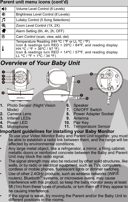 1. Photo Sensor (Night Vision Mode)2. Camera Lens3. Infared LEDs4. Power LED5. Microphone6. Speaker7. ON/OFF Switch8. Power Adapter Socket9. Antenna10.  Pair KeyImportant guidelines for installing your Baby Monitor•  To use your Video Monitor Baby and Parent Unit together, you must be able to establish a radio link between them, and the range will be affected by environmental conditions.•  Any large metal object, like a refrigerator, a mirror, a filing cabinet, metallic doors or reinforced concrete between the Baby and Parent Unit may block the radio signal.•  The signal strength may also be reduced by other solid structures, like walls, or by radio or electrical equipment, such as TVs, computers, cordless or mobile phones, fluorescent lights or dimmer switches.•  Use of other 2.4GHz products, such as wireless networks (WiFi routers), Bluetooth® systems, or microwave ovens, may cause interference with this product, so keep the baby monitor away at least 5ft (1m) from these types of products, or turn them off if they appear to be causing interference.•  If the signal is weak, try moving the Parent and/or the Baby Unit to different positions in the rooms.Parent unit menu icons (cont’d)Overview of Your Baby Unit*Volume Level Control (8 Levels)&amp;Brightness Level Control (8 Levels)mLullaby Control (5 Song Selections)ZZoom Level Control (1X, 2X)AAlarm Setting (6h, 4h, 2h, OFF)CCam Control (scan, view, add, del)tTemperature Reading (HH ºC / ºF or LL ºC / ºF)Icon &amp; readings turn RED &gt; 29ºC / 84ºF, and reading displayHH ºC / ºF &gt; 36ºC / 97 ºF)Icon &amp; readings turn RED &lt; 14ºC / 57ºF, and reading displayLL ºC / ºF &lt; 1ºC / 34 ºF)11.  7HPSHUDWXUH6HQVRU610543211197