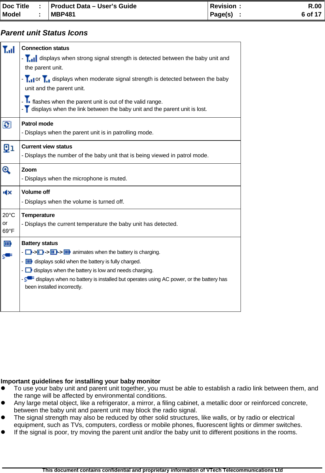  Doc Title  :  Product Data – User’s Guide  Revision :    R.00Model   :  MBP481  Page(s)  :    6 of 17  This document contains confidential and proprietary information of VTech Telecommunications Ltd   Parent unit Status Icons  Connection status -   displays when strong signal strength is detected between the baby unit and the parent unit. -  or   displays when moderate signal strength is detected between the baby unit and the parent unit. - flashes when the parent unit is out of the valid range. - displays when the link between the baby unit and the parent unit is lost.  Patrol mode - Displays when the parent unit is in patrolling mode.  Current view status - Displays the number of the baby unit that is being viewed in patrol mode.  Zoom - Displays when the microphone is muted.   Volume off - Displays when the volume is turned off. 20°C or  69°F Temperature - Displays the current temperature the baby unit has detected.   Battery status - -&gt; -&gt; -&gt;  animates when the battery is charging. -   displays solid when the battery is fully charged. -   displays when the battery is low and needs charging. -   displays when no battery is installed but operates using AC power, or the battery has been installed incorrectly.          Important guidelines for installing your baby monitor   To use your baby unit and parent unit together, you must be able to establish a radio link between them, and the range will be affected by environmental conditions.   Any large metal object, like a refrigerator, a mirror, a filing cabinet, a metallic door or reinforced concrete, between the baby unit and parent unit may block the radio signal.   The signal strength may also be reduced by other solid structures, like walls, or by radio or electrical equipment, such as TVs, computers, cordless or mobile phones, fluorescent lights or dimmer switches.   If the signal is poor, try moving the parent unit and/or the baby unit to different positions in the rooms.  