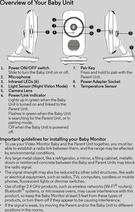 Overview of Your Baby UnitImportant guidelines for installing your Baby Monitor•  To use your Video Monitor Baby and the Parent Unit together, you must be able to establish a radio link between them, and the range may be affected by environmental conditions.•  Any large metal object, like a refrigerator, a mirror, a filing cabinet, metallic doors or reinforced concrete between the Baby and Parent Units may block the radio signal.•  The signal strength may also be reduced by other solid structures, like walls or electrical equipment, such as radios, TVs, computers, cordless or mobile phones, fluorescent lights or dimmer switches.•  Use of other 2.4 GHz products, such as wireless networks (Wi-Fi® routers), Bluetooth® systems, or microwave ovens, may cause interference with this product, so keep the Baby Monitor at least 5 feet from these types of products, or turn them off if they appear to be causing interference.•  If the signal is weak, try moving the Parent and/or the Baby Unit to different positions in the rooms.1. Power ON/OFF switch Slide to turn the Baby Unit on or off.2. Microphone3. Infrared LEDs (6)4. Light Sensor (Night Vision Mode)5. Camera Lens6. Power/Link indicatorLights up in green when the Baby Unit is turned on and linked to the Parent Unit.Flashes in green when the Baby Unit is searching for the Parent Unit, or in pairing mode. Off when the Baby Unit is powered off.7. Pair KeyPress and hold to pair with the Parent Unit.8. Power Adapter Socket9. Temp e r at u r e Se n s or167234589