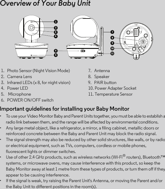 Important guidelines for installing your Baby Monitor•  To use your Video Monitor Baby and Parent Units together, you must be able to establish a radio link between them, and the range will be affected by environmental conditions.•  Any large metal object, like a refrigerator, a mirror, a filing cabinet, metallic doors or reinforced concrete between the Baby and Parent Unit may block the radio signal.•  The signal strength may also be reduced by other solid structures, like walls, or by radio or electrical equipment, such as TVs, computers, cordless or mobile phones, fluorescent lights or dimmer switches.•  Use of other 2.4 GHz products, such as wireless networks (Wi-Fi® routers), Bluetooth™systems, or microwave ovens, may cause interference with this product, so keep the Baby Monitor away at least 1 metre from these types of products, or turn them off if they appear to be causing interference.•  If the signal is weak, try raising the Parent Unit&apos;s Antenna, or moving the Parent and/orthe Baby Unit to different positions in the room(s).1.  Photo Sensor (Night Vision Mode) 7.  Antenna2.  Camera Lens 8.  Speaker3.  Infrared LEDs (x 8, for night vision) 9. PAIR button4.  Power LED 10. Power Adapter Socket5. Microphone 11. Temperature Sensor6.  POWER ON/OFF switchOverview of Your Baby Unit1324567891011