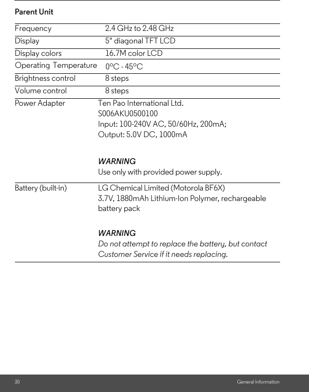 30 General InformationParent Unit Frequency 2.4 GHz to 2.48 GHzDisplay 5&quot; diagonal TFT LCDDisplay colors 16.7M color LCDBrightness control 8 stepsVolume control 8 stepsPower Adapter Ten Pao International Ltd. S006AKU0500100Input: 100-240V AC, 50/60Hz, 200mA; Output: 5.0V DC, 1000mAWARNINGUse only with provided power supply.Battery (built-in) LG Chemical Limited (Motorola BF6X)3.7V, 1880mAh Lithium-Ion Polymer, rechargeable battery packWARNINGDo not attempt to replace the battery, but contact Customer Service if it needs replacing.Operating Temperature   0oC - 45oC